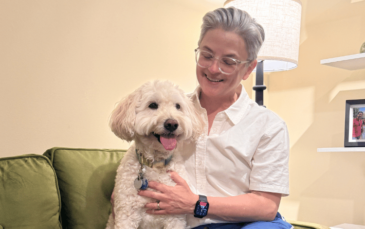 Rachel Black with her goldendoodle, Hattie, at Bloomingdale School of Music